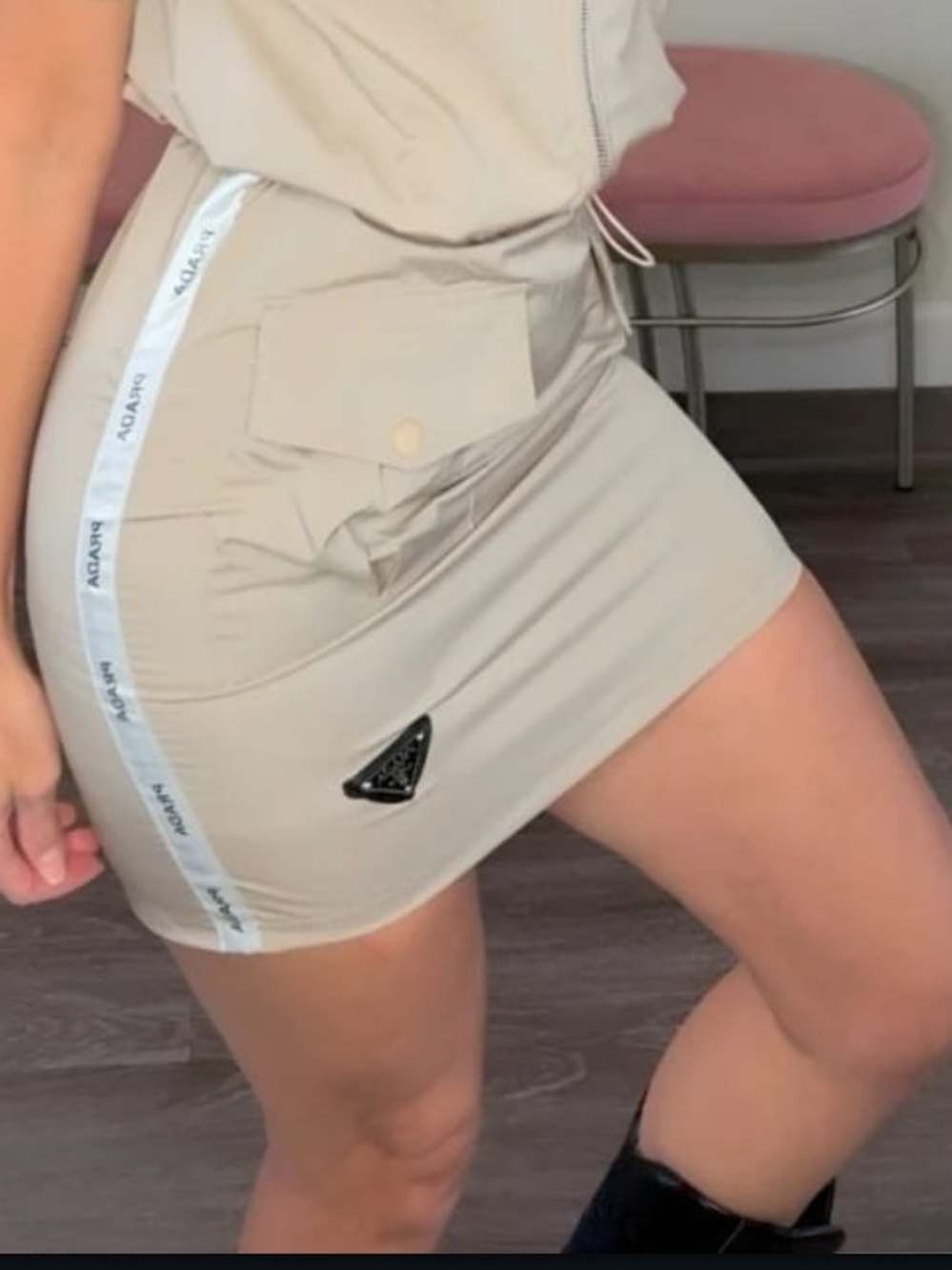 Prada Beige Logo Tape Mini Skirt